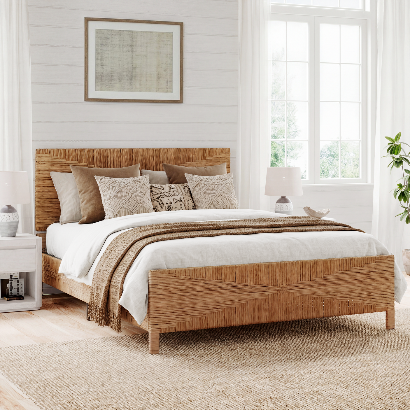 Bohemian Rattan Queen Bed Frame with Headboard and Footboard