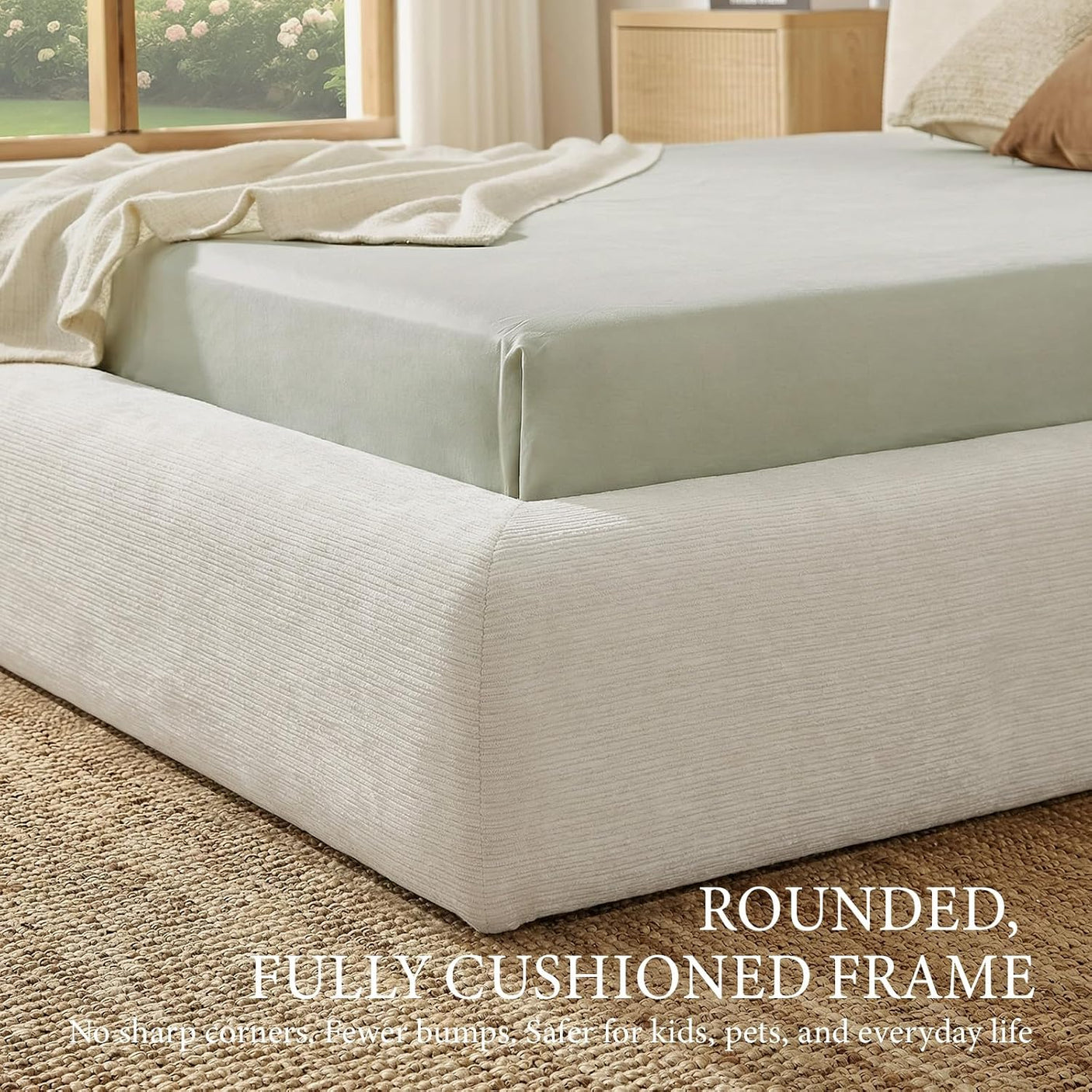 Cloud Bed Frame | Ribbed Chenille Upholstered Bed | 5.9" Padded Headboard – Queen & King