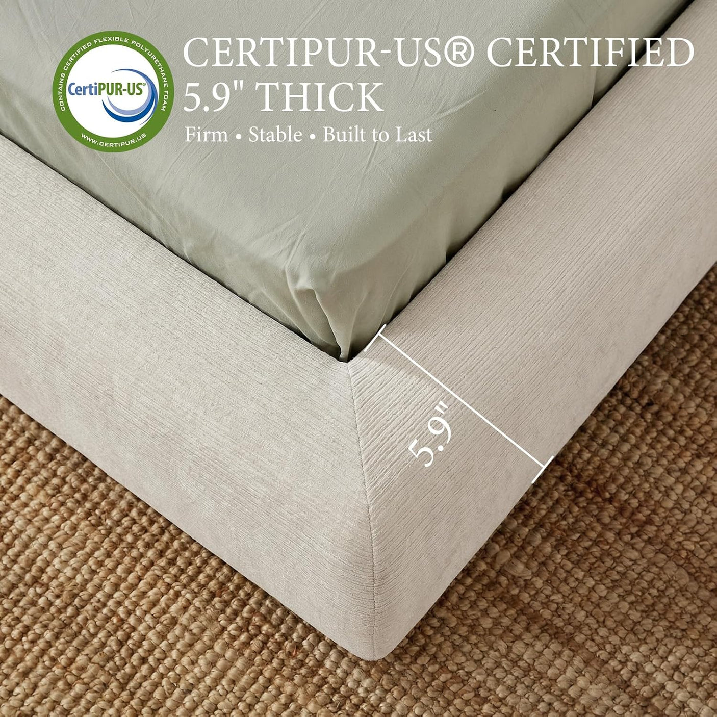 Cloud Bed Frame | Ribbed Chenille Upholstered Bed | 5.9" Padded Headboard – Queen & King