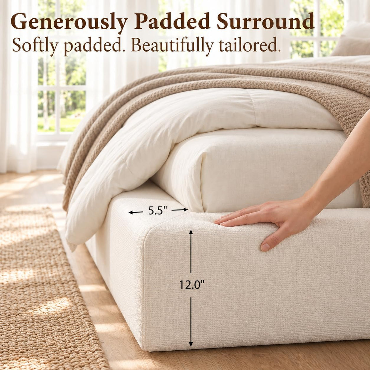 Yechen Cloud Bed Frame, Curved Button-Tufted Headboard, Soft Chenille Upholstered Platform Bed