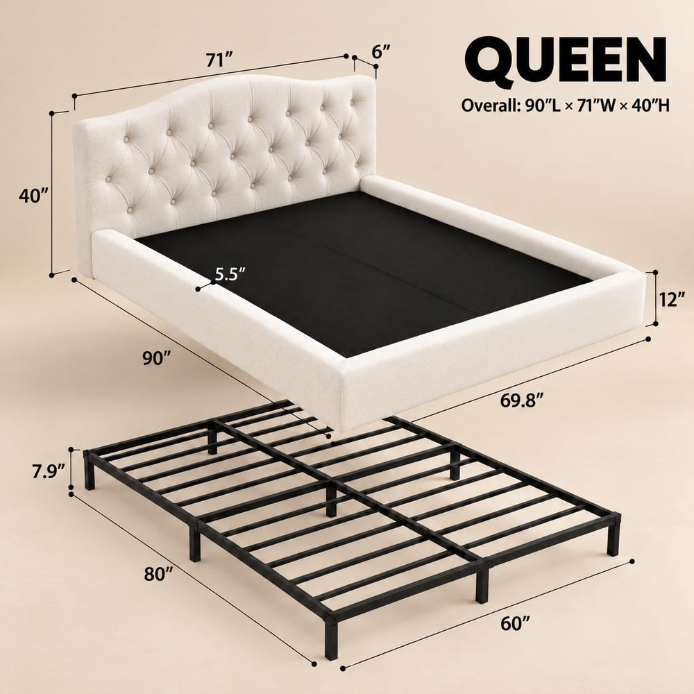 Yechen Cloud Bed Frame, Curved Button-Tufted Headboard, Soft Chenille Upholstered Platform Bed