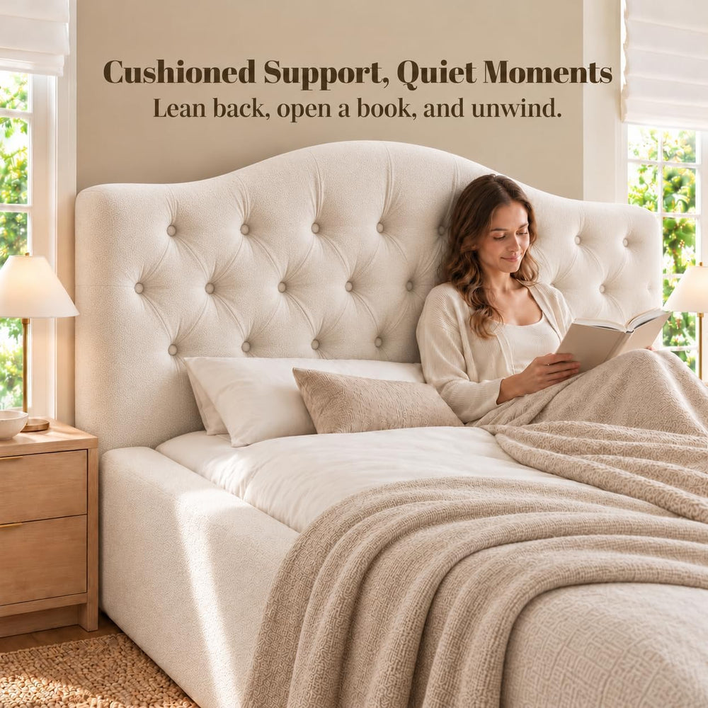 Yechen Cloud Bed Frame, Curved Button-Tufted Headboard, Soft Chenille Upholstered Platform Bed