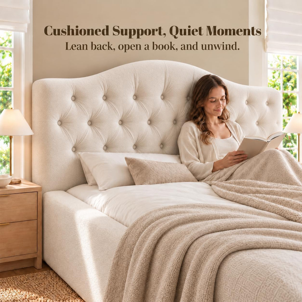Yechen Cloud Bed Frame, Curved Button-Tufted Headboard, Soft Chenille Upholstered Platform Bed