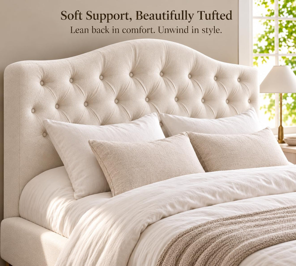Yechen Cloud Bed Frame, Curved Button-Tufted Headboard, Soft Chenille Upholstered Platform Bed