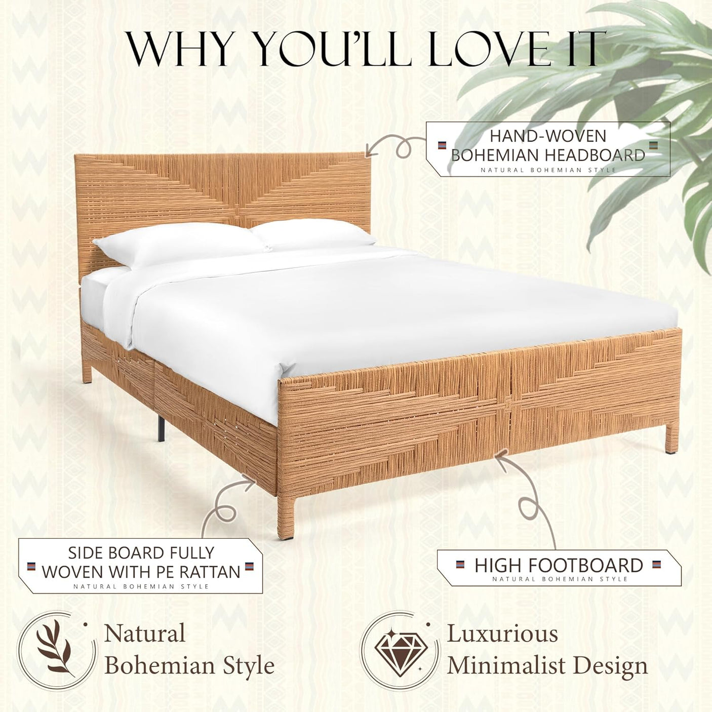 Yechen Home Hand-Woven Rattan Bed with Vintage Headboard