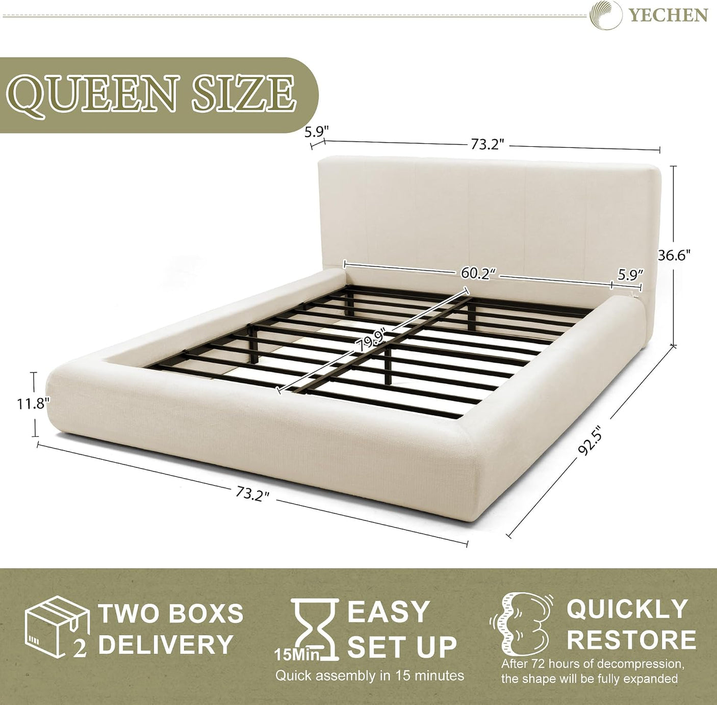 Cloud Bed Frame | Removable Washable Headboard | Boucle Upholstered Platform Bed | Queen & King
