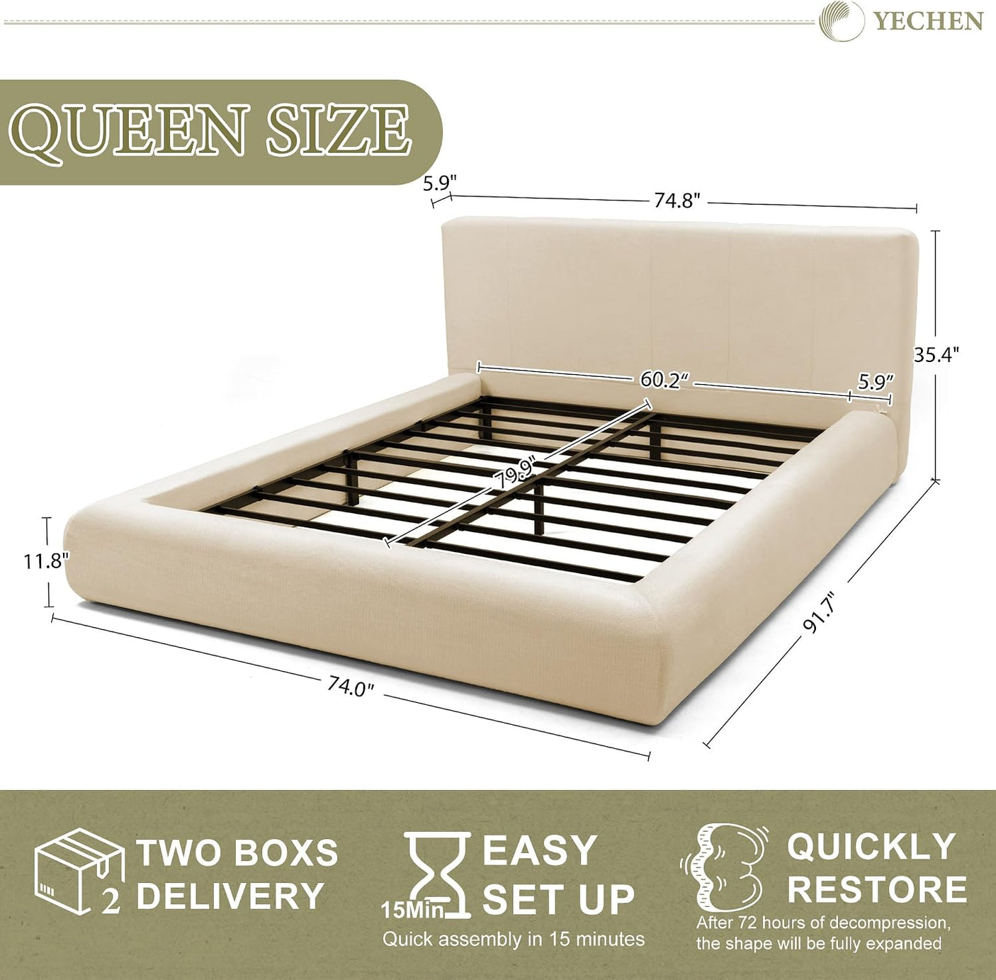 Cloud Bed Frame | Removable Washable Headboard | Boucle Upholstered Platform Bed | Queen & King