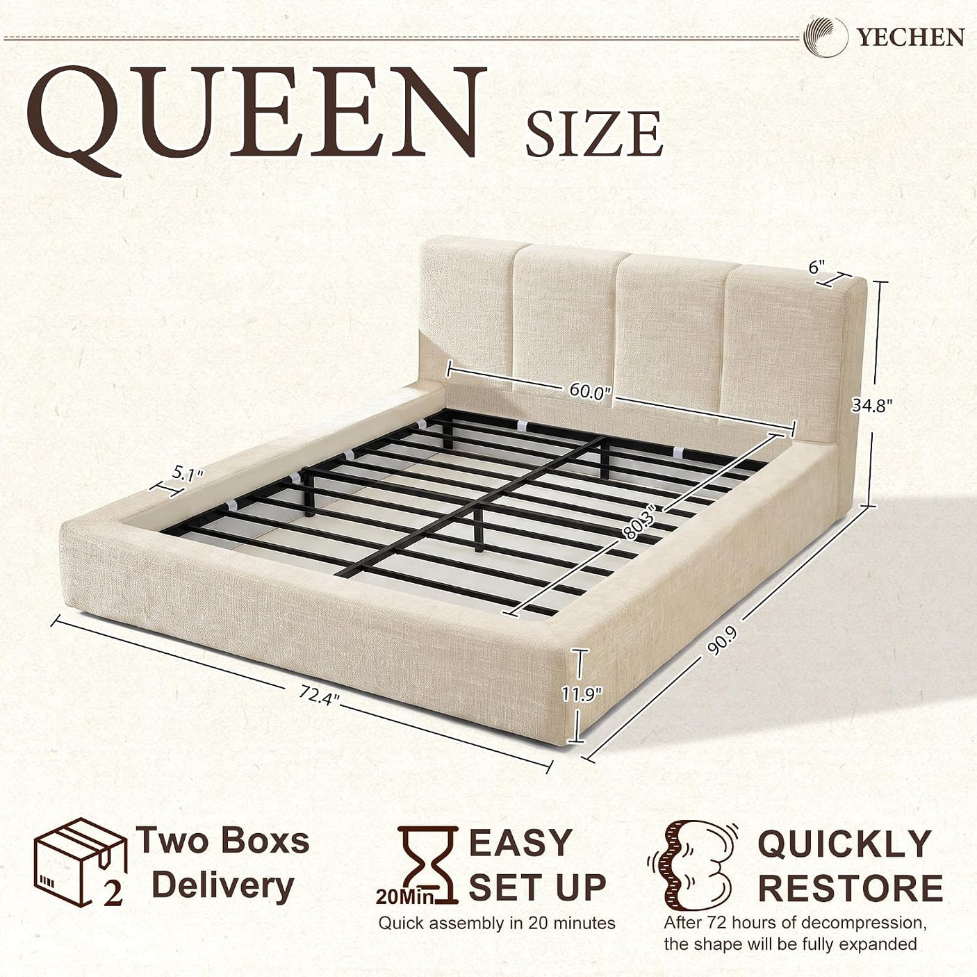 YECHEN Cloud Platform Bed – 20-Min Tool-Free Assembly, CULP® Performance Fabric & Stain-Resistant Cloud Frame