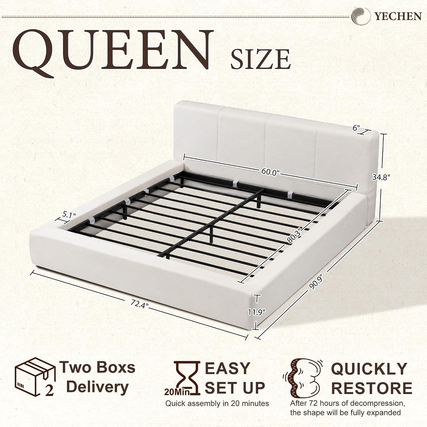 YECHEN Cloud Platform Bed – 20-Min Tool-Free Assembly, CULP® Performance Fabric & Stain-Resistant Cloud Frame