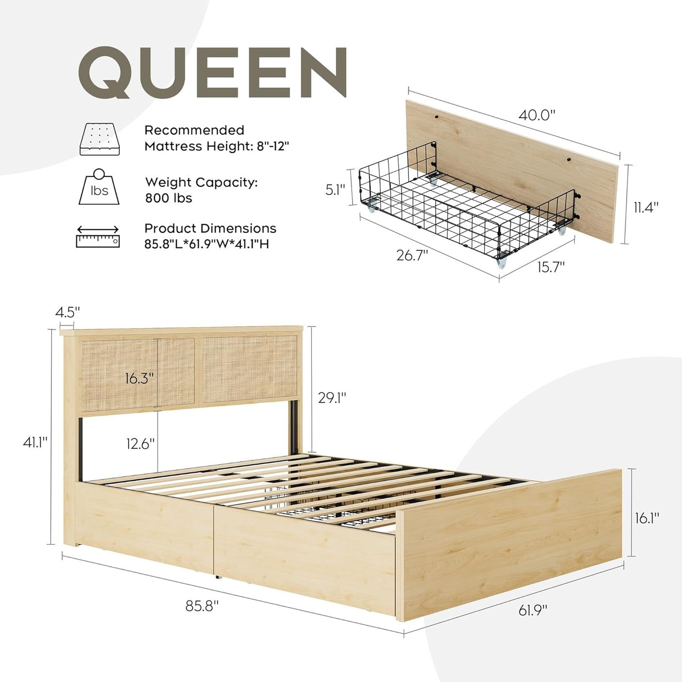Boho Cane Wood Bed | Natural Rattan Headboard, 4 Storage Drawers, Light Oak Platform Frame