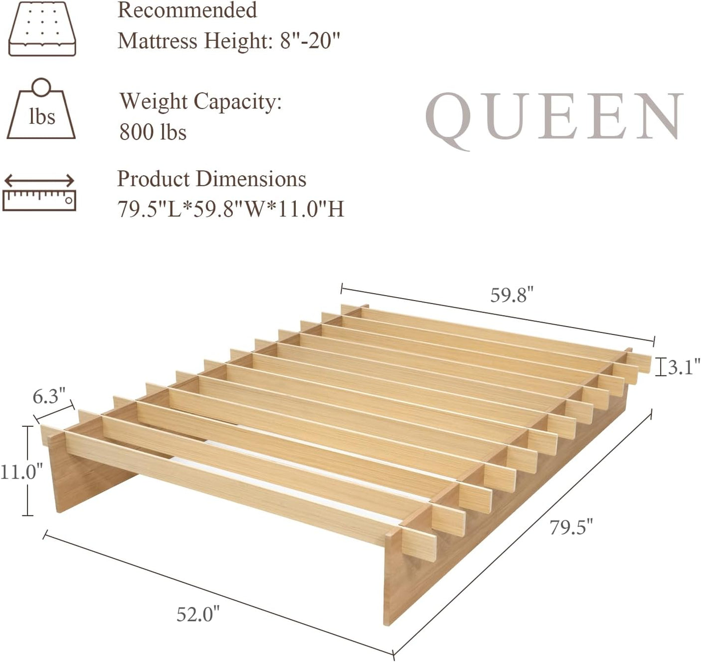 Yechen Solid Oak Platform Bed Frame | Dovetail & Mortise Tenon Joinery, Wooden Slats, No Box Spring Needed