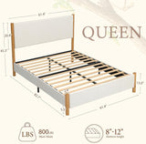 Yechen Platform Bed Frame with Chenille Headboard | FSC Pine Wood | Queen & King | White