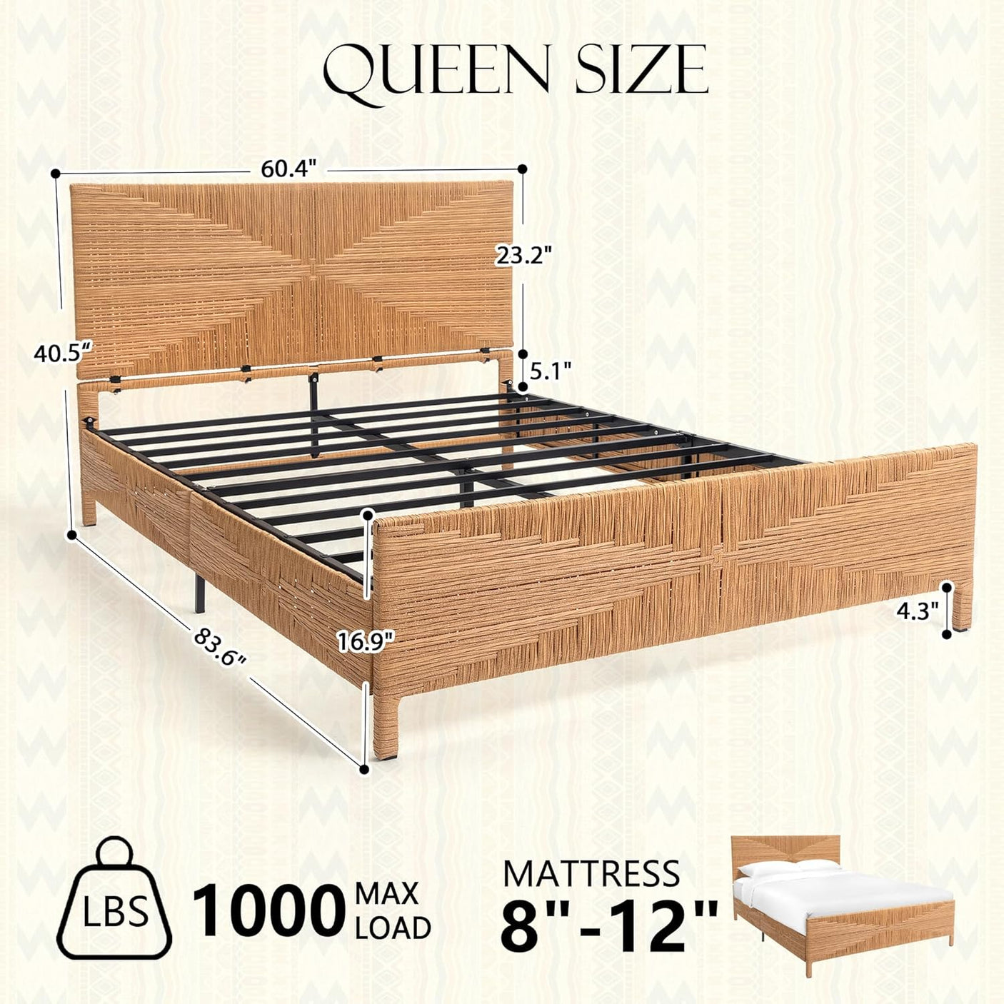 Yechen Home Hand-Woven Rattan Bed with Vintage Headboard
