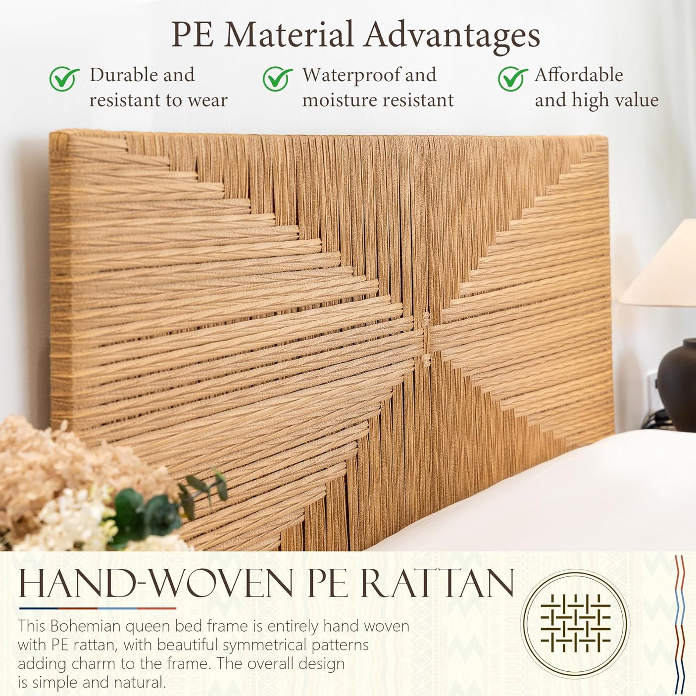 Yechen Home Hand-Woven Rattan Bed with Vintage Headboard