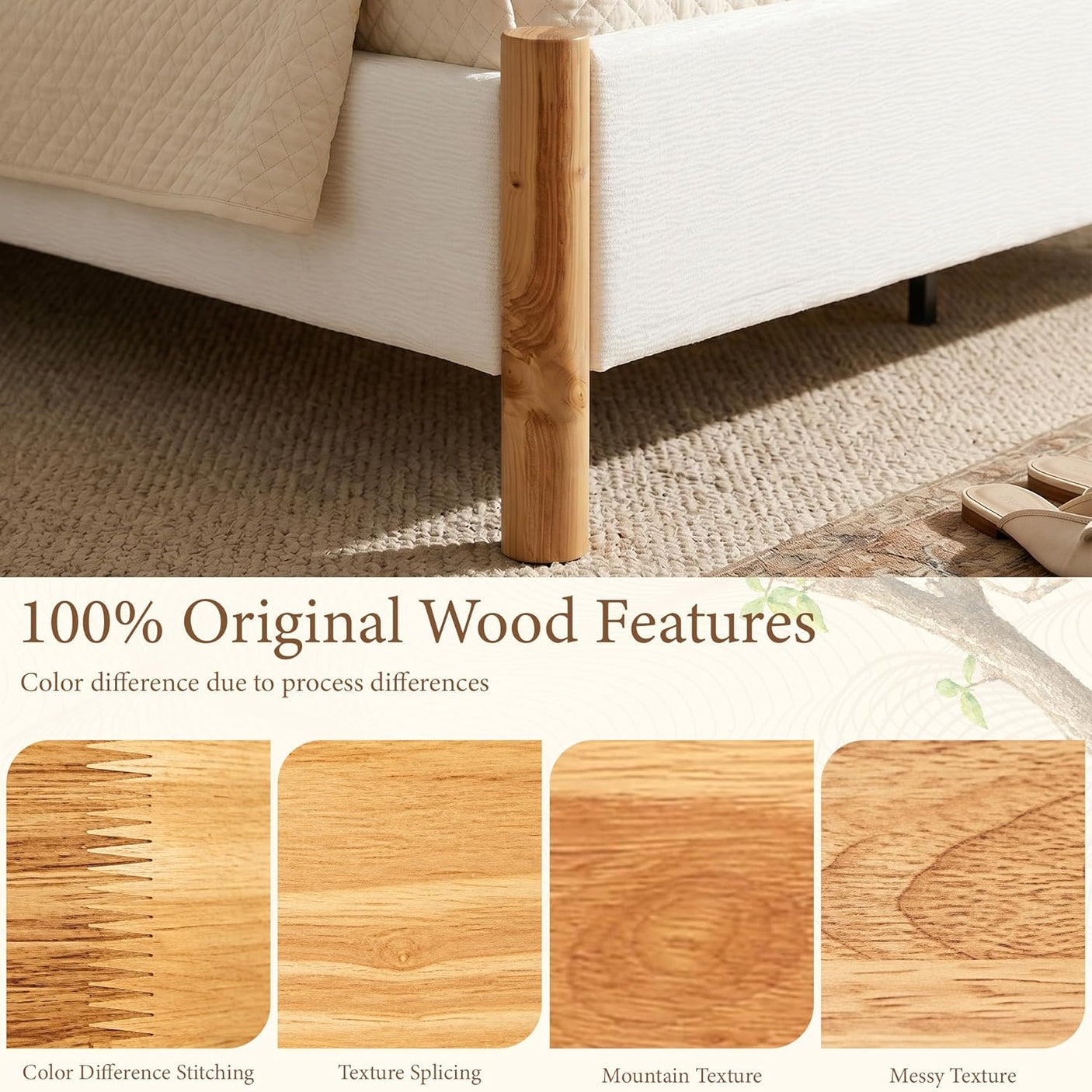 Yechen Platform Bed Frame with Chenille Headboard | FSC Pine Wood | Queen & King | White
