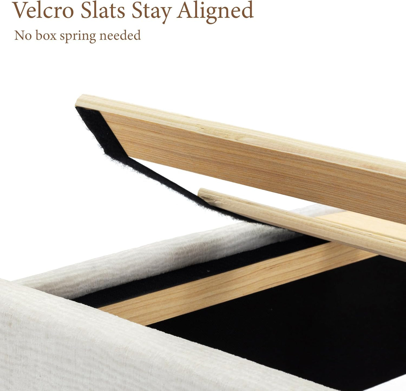 Yechen Platform Bed Frame with Chenille Headboard | FSC Pine Wood | Queen & King | White