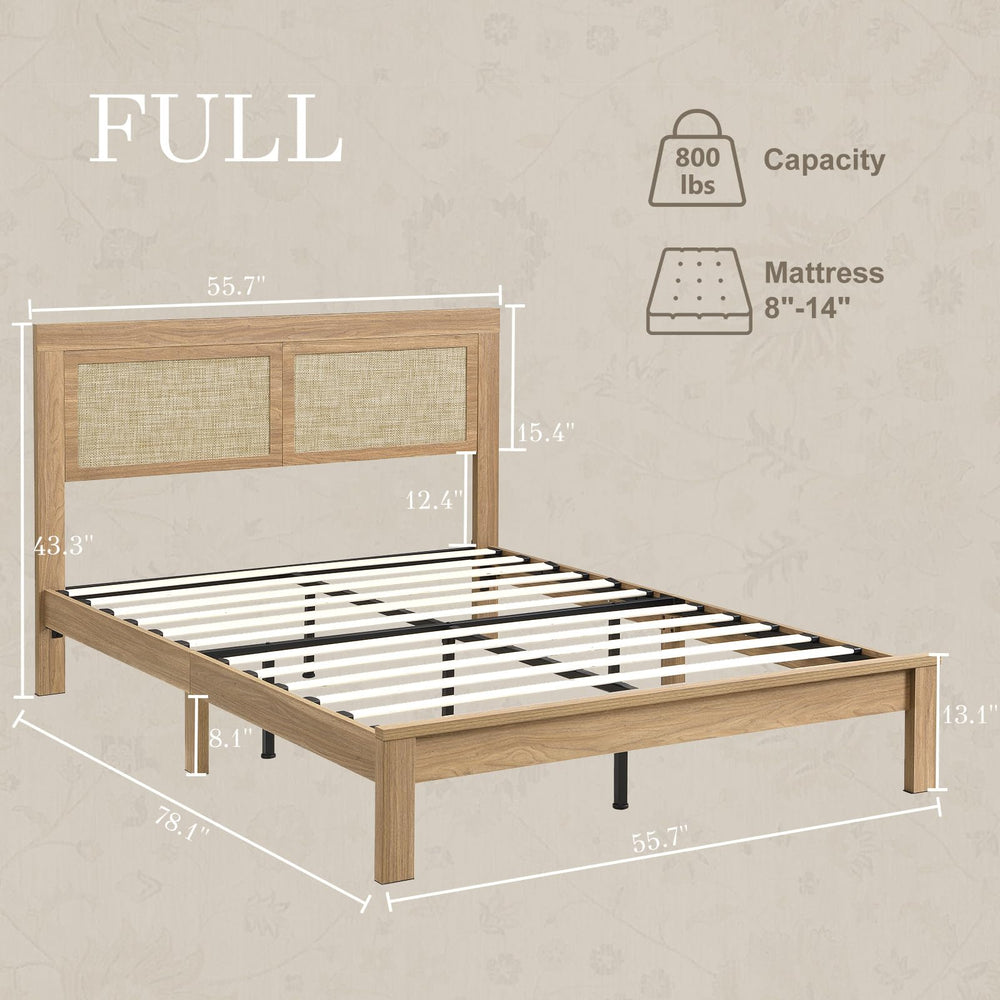 Rattan Boho Full Bed Frame with Headboard - Natural Wood Platform Bed