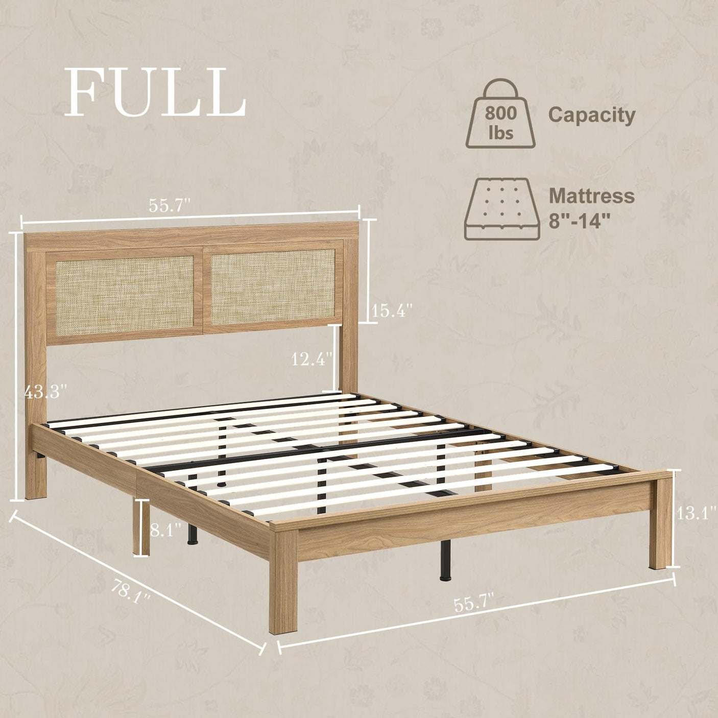 Rattan Boho Full Bed Frame with Headboard - Natural Wood Platform Bed