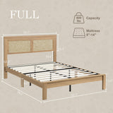 Rattan Boho Full Bed Frame with Headboard - Natural Wood Platform Bed