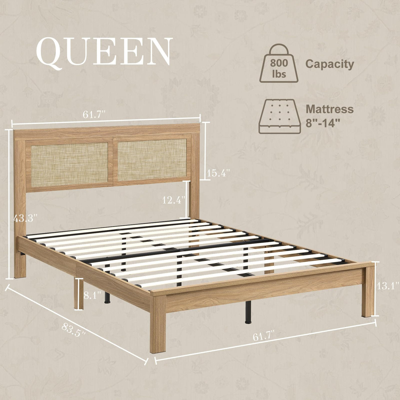 Rattan Boho Full Bed Frame with Headboard - Natural Wood Platform Bed