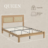 Rattan Boho Full Bed Frame with Headboard - Natural Wood Platform Bed