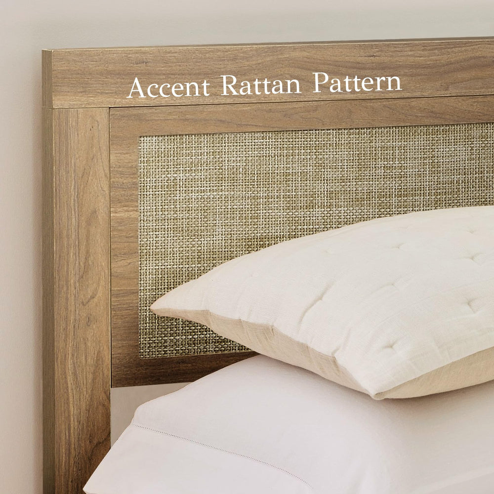Rattan Boho Full Bed Frame with Headboard - Natural Wood Platform Bed