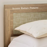 Rattan Boho Full Bed Frame with Headboard - Natural Wood Platform Bed