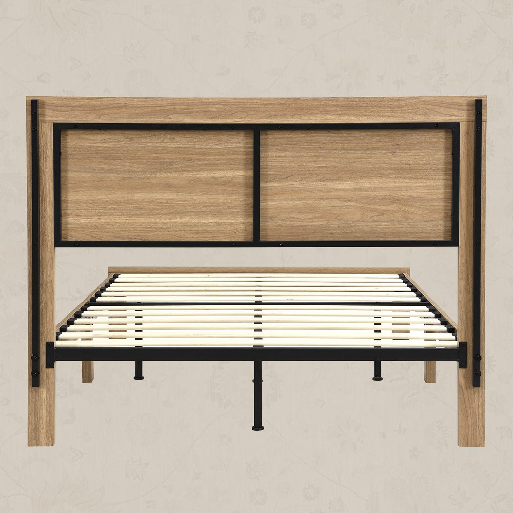 Rattan Boho Full Bed Frame with Headboard - Natural Wood Platform Bed
