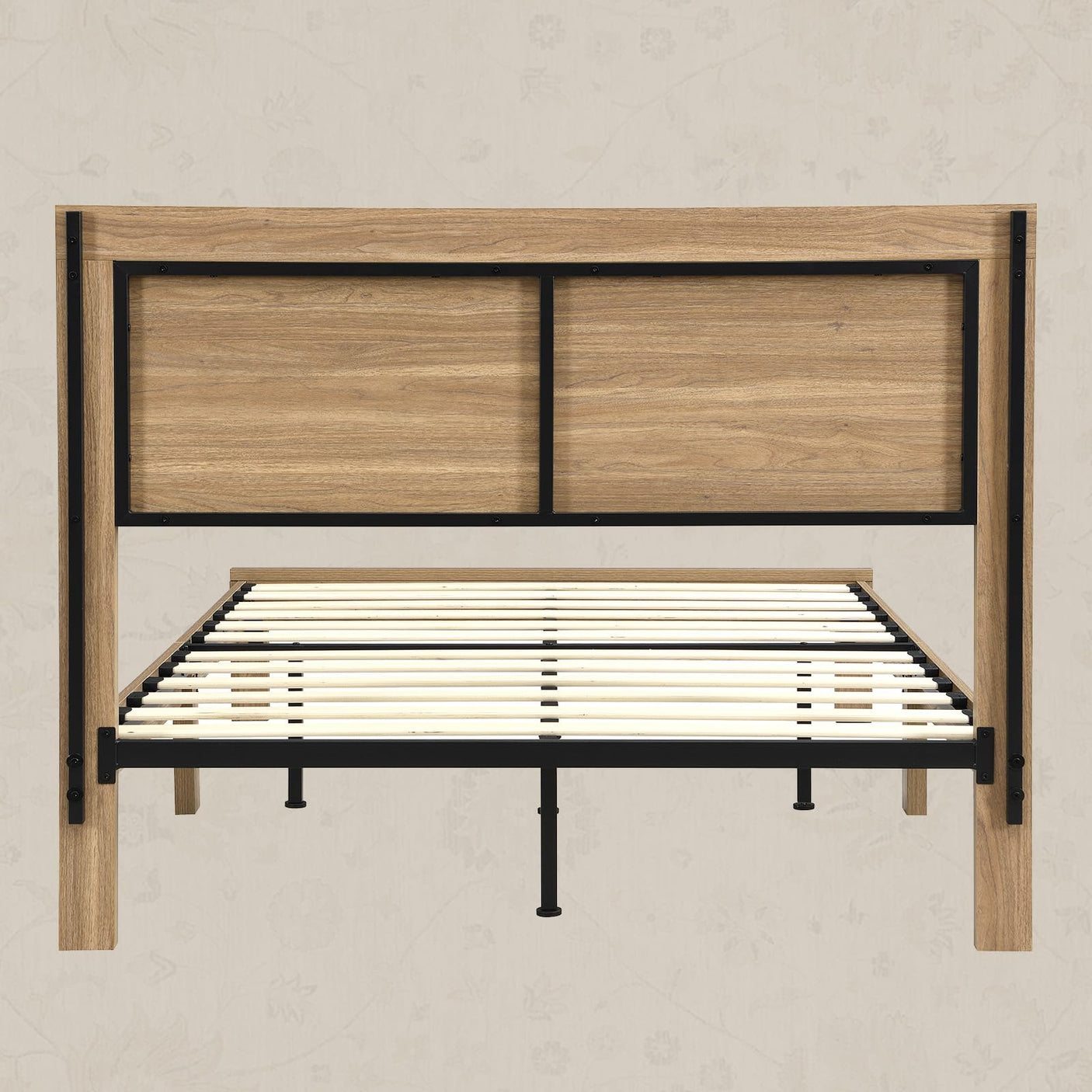 Rattan Boho Full Bed Frame with Headboard - Natural Wood Platform Bed