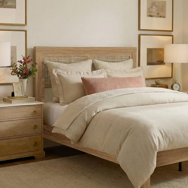 Rattan Boho Full Bed Frame with Headboard - Natural Wood Platform Bed