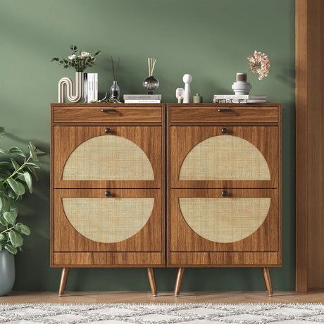 Rattan Entryway Shoe Cabinet – Natural Oak & Hand-Woven Elegance
