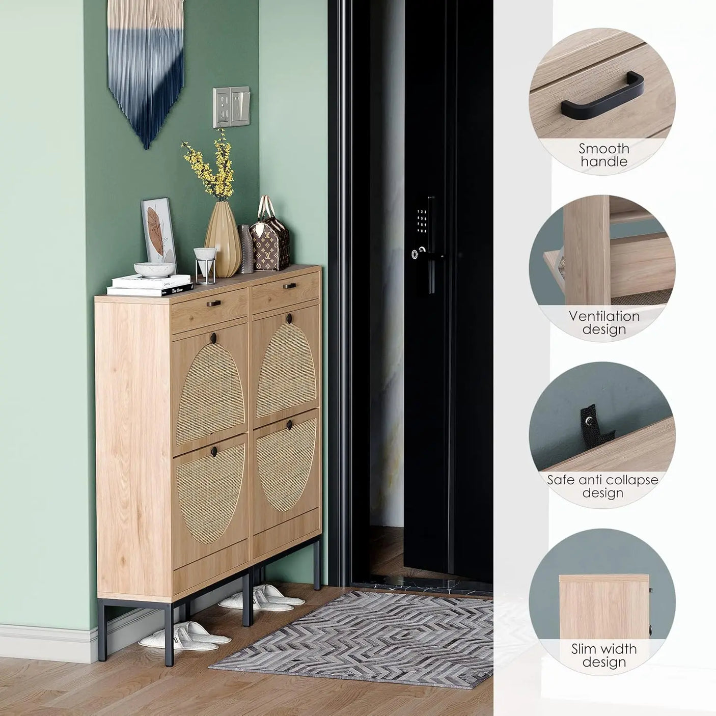 Rattan Entryway Shoe Cabinet – Natural Oak & Hand-Woven Elegance
