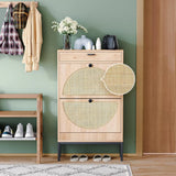 Rattan Entryway Shoe Cabinet – Natural Oak & Hand-Woven Elegance

