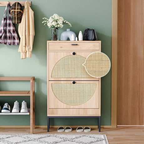 Rattan Entryway Shoe Cabinet – Natural Oak & Hand-Woven Elegance
