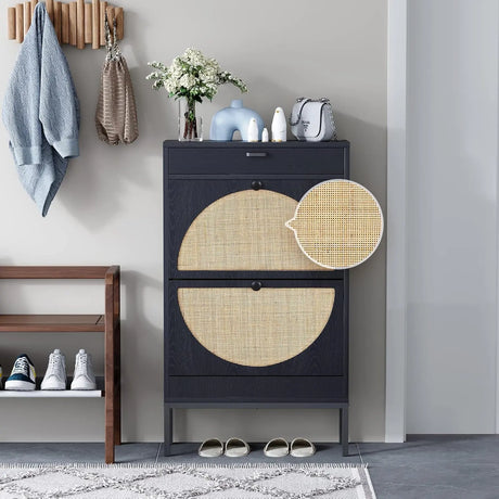 Rattan Entryway Shoe Cabinet – Natural Oak & Hand-Woven Elegance
