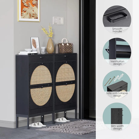 Rattan Entryway Shoe Cabinet – Natural Oak & Hand-Woven Elegance
