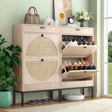 Rattan Entryway Shoe Cabinet – Natural Oak & Hand-Woven Elegance
