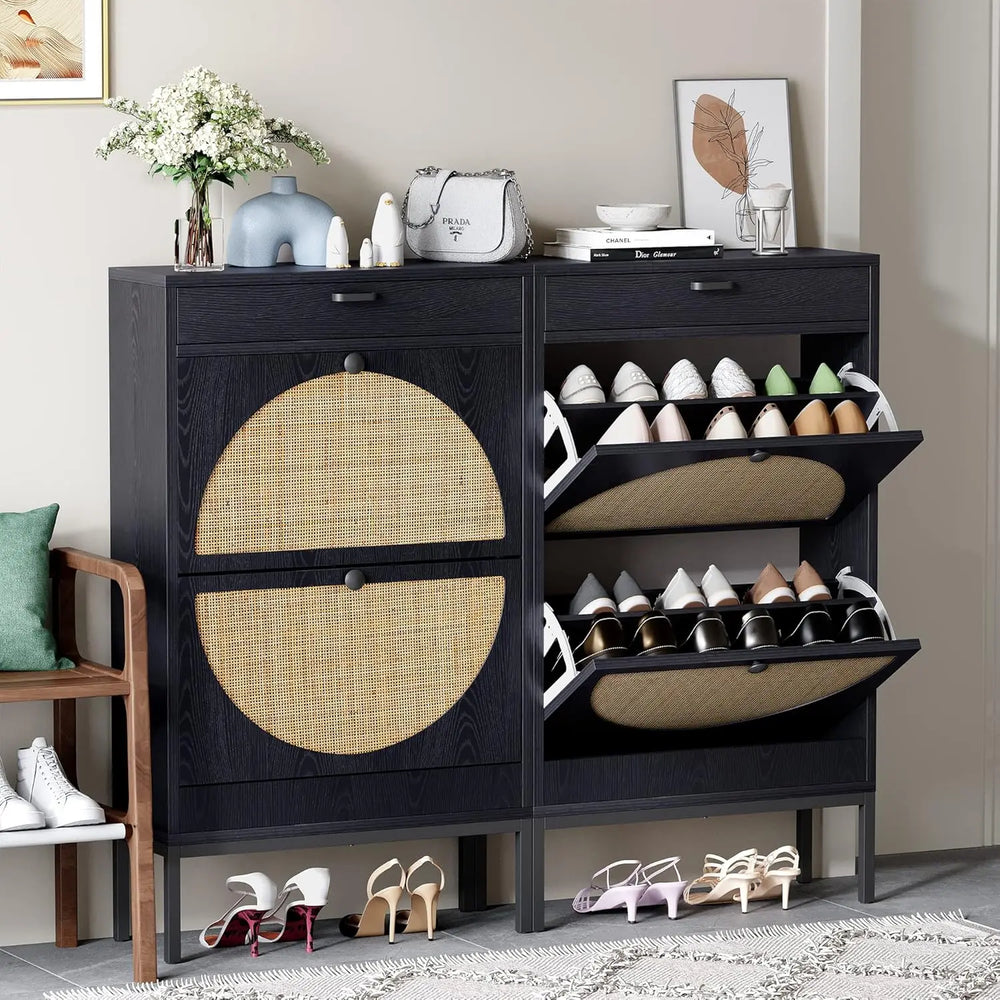 Rattan Entryway Shoe Cabinet – Natural Oak & Hand-Woven Elegance