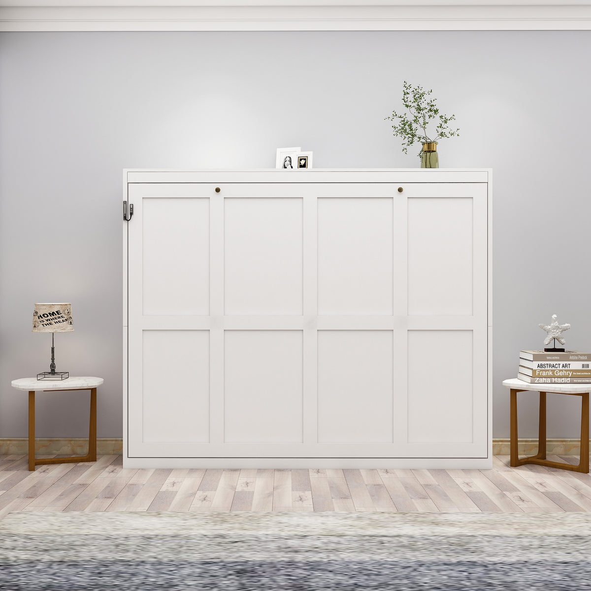 Queen Horizontal Murphy Bed with Folding Cabinet – White