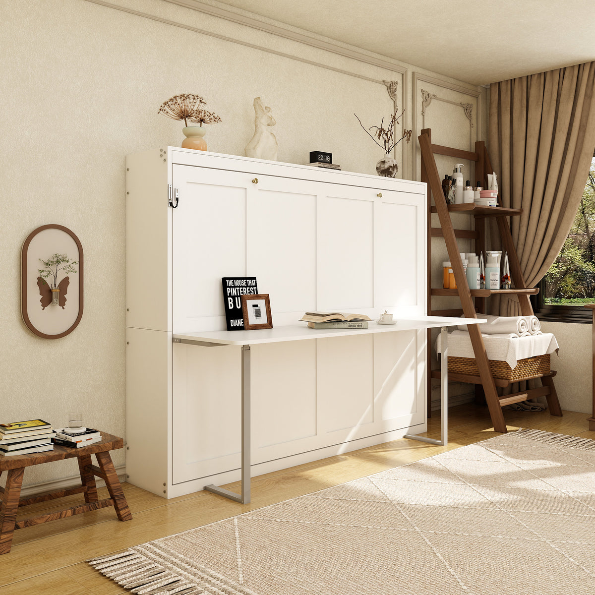 Queen Horizontal Murphy Bed with Desk – White