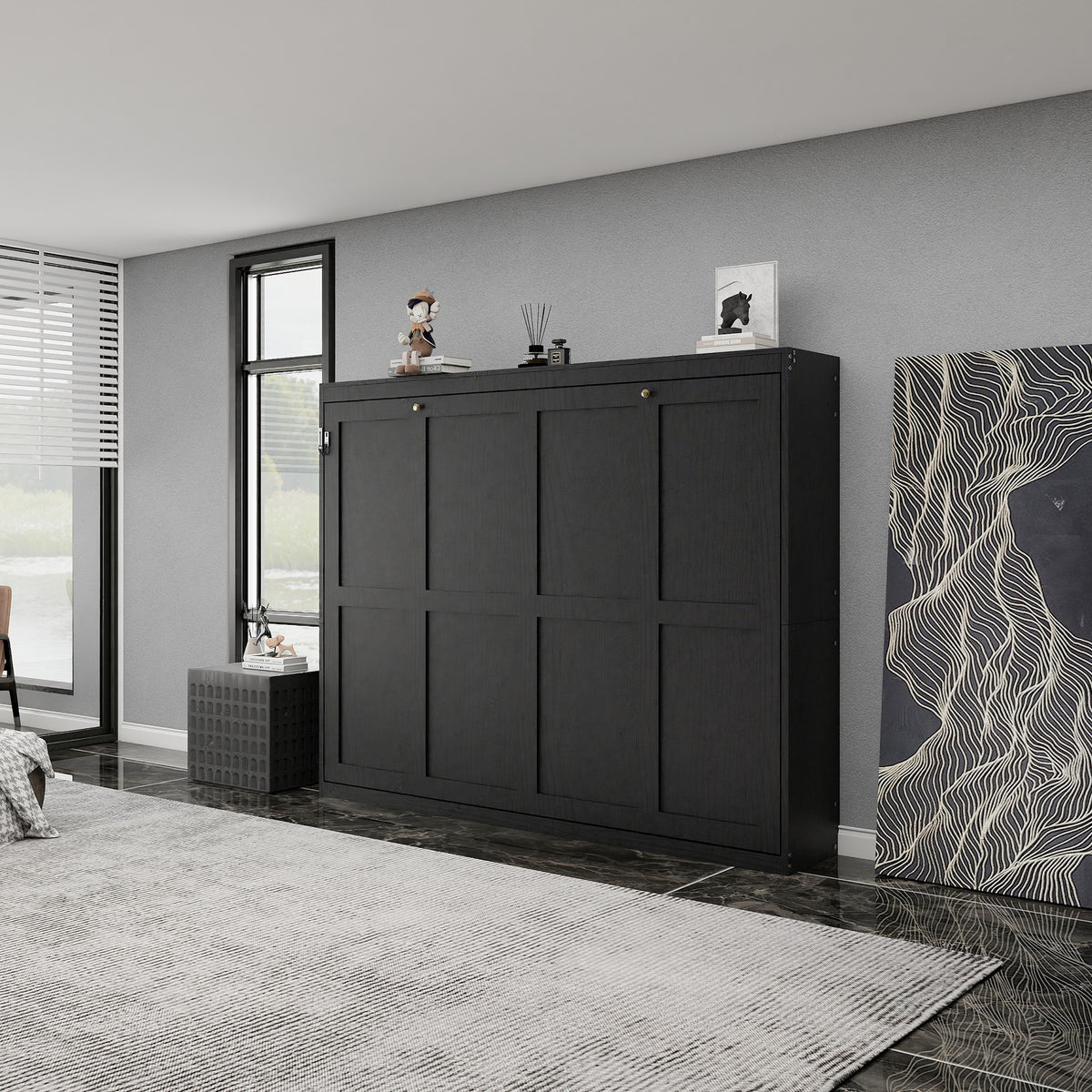 Queen Horizontal Murphy Bed with Folding Cabinet – Black