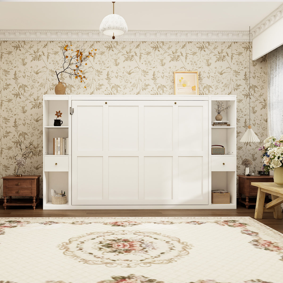 Queen Horizontal Murphy Bed with Storage Cabinets – White