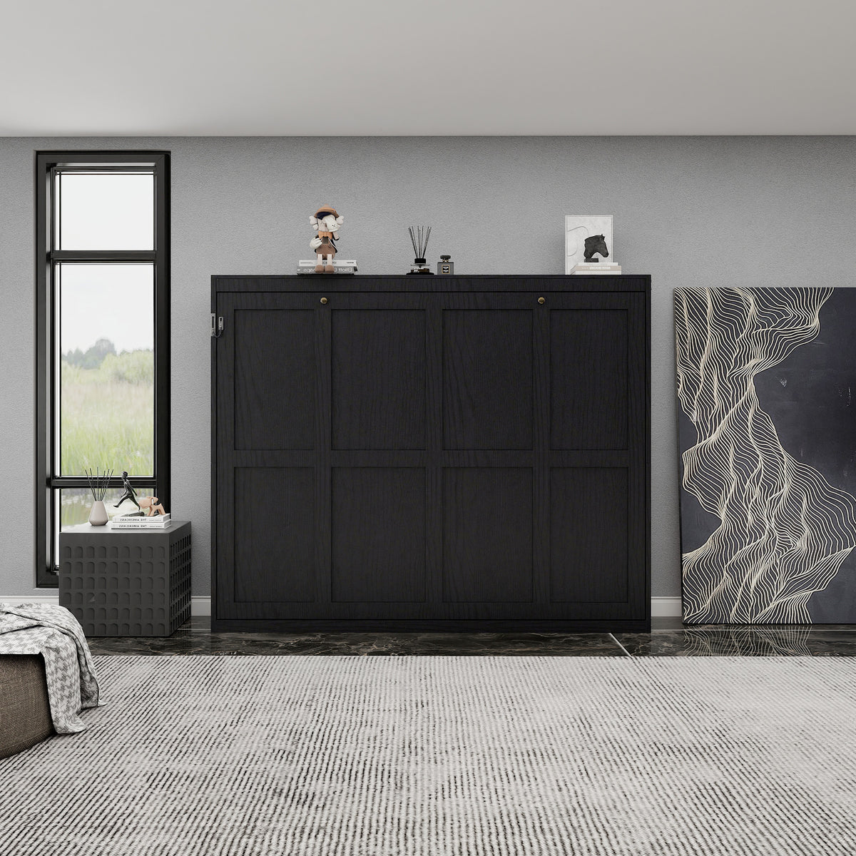 Queen Horizontal Murphy Bed with Folding Cabinet – Black