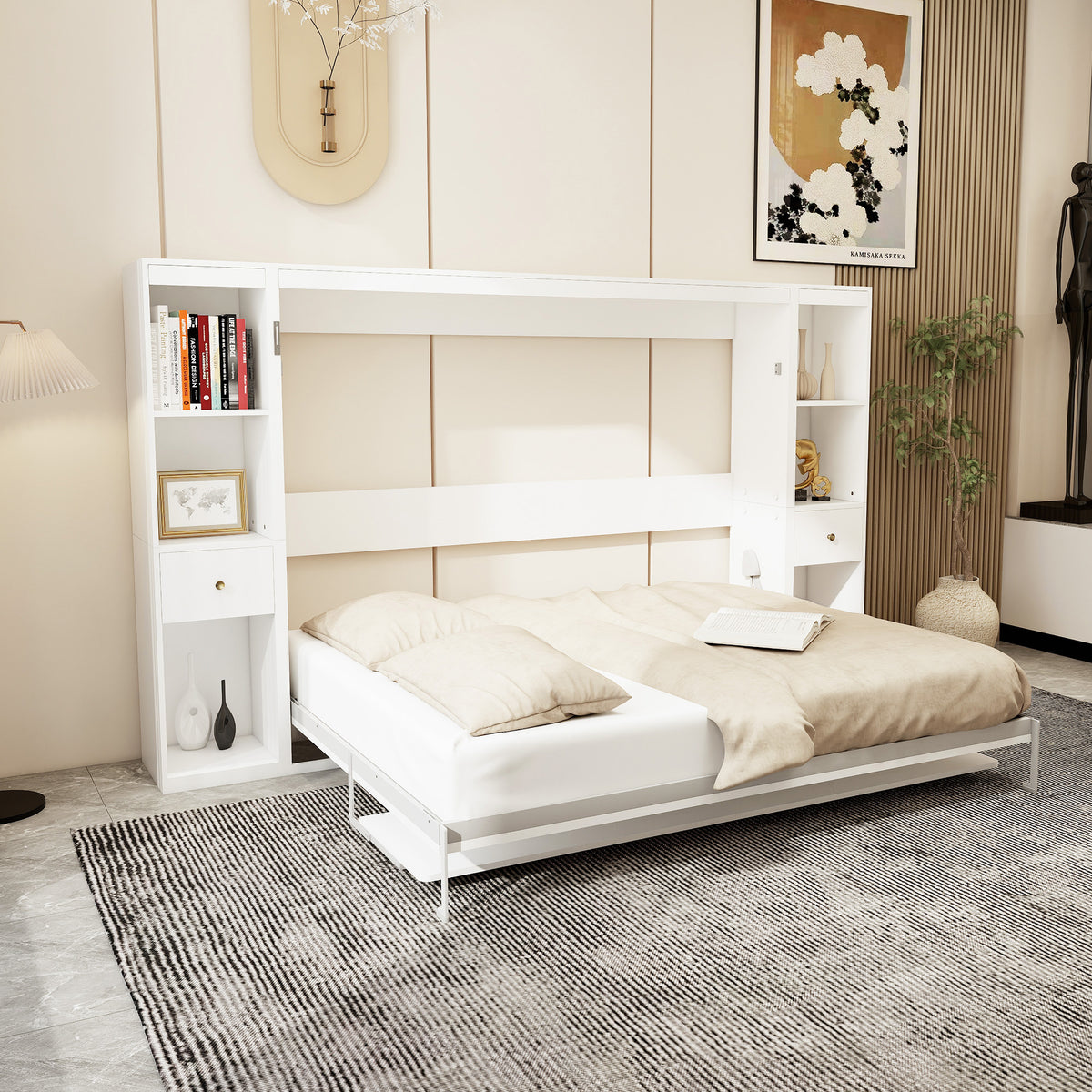 Queen Horizontal Murphy Bed with Desk & Storage – White