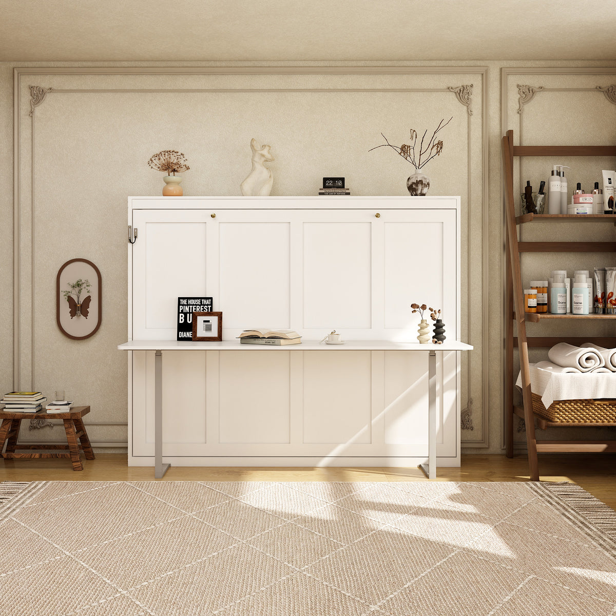 Queen Horizontal Murphy Bed with Desk – White