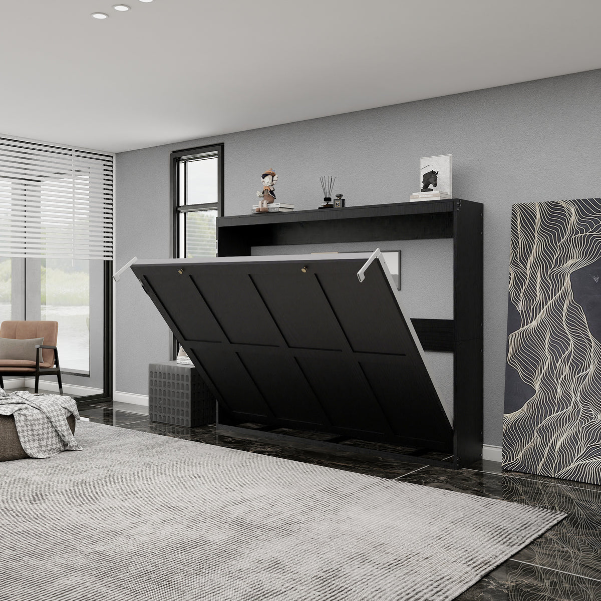 Queen Horizontal Murphy Bed with Folding Cabinet – Black