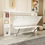Queen Horizontal Murphy Bed with Desk & Storage – White