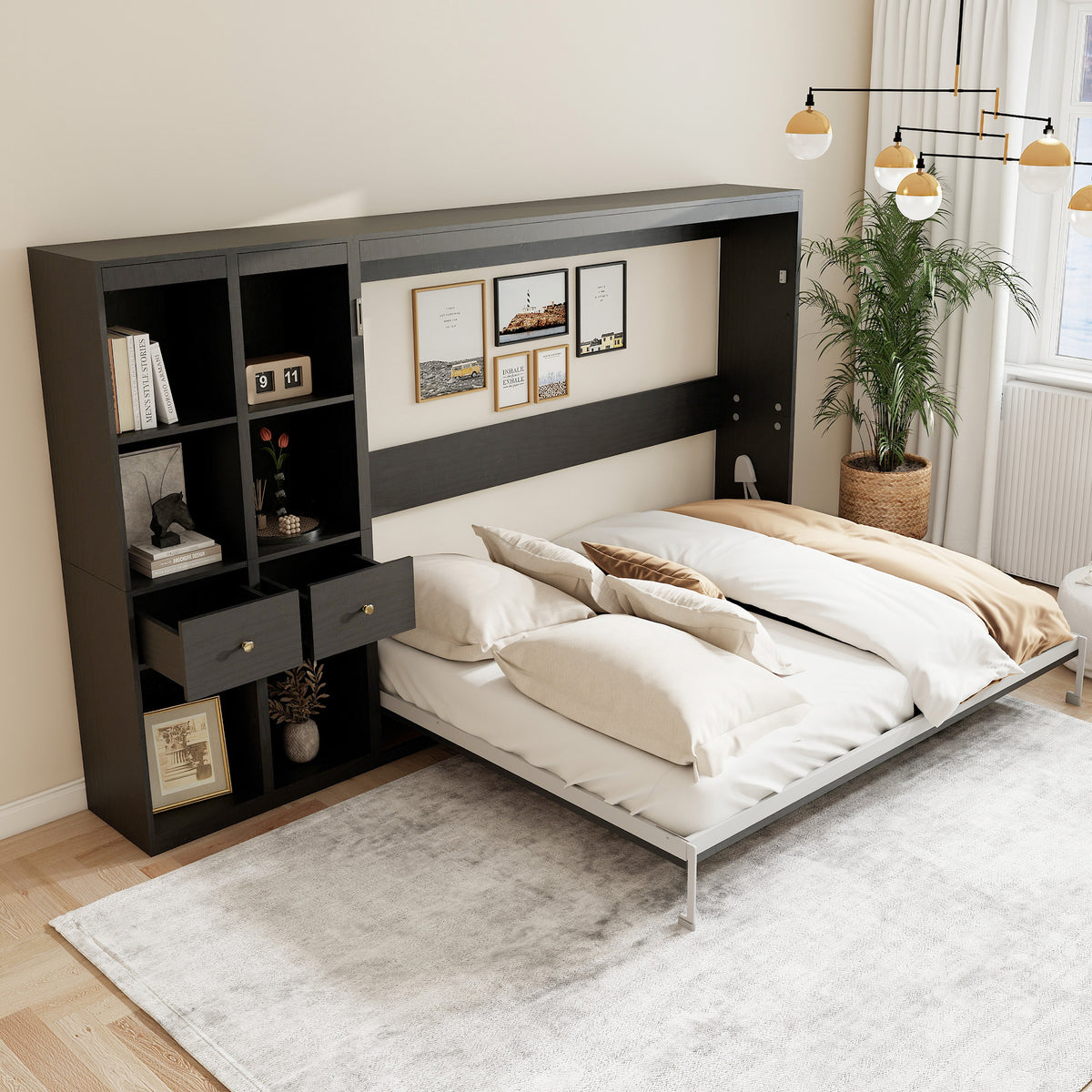 Queen Horizontal Murphy Bed with Storage Cabinets – Black