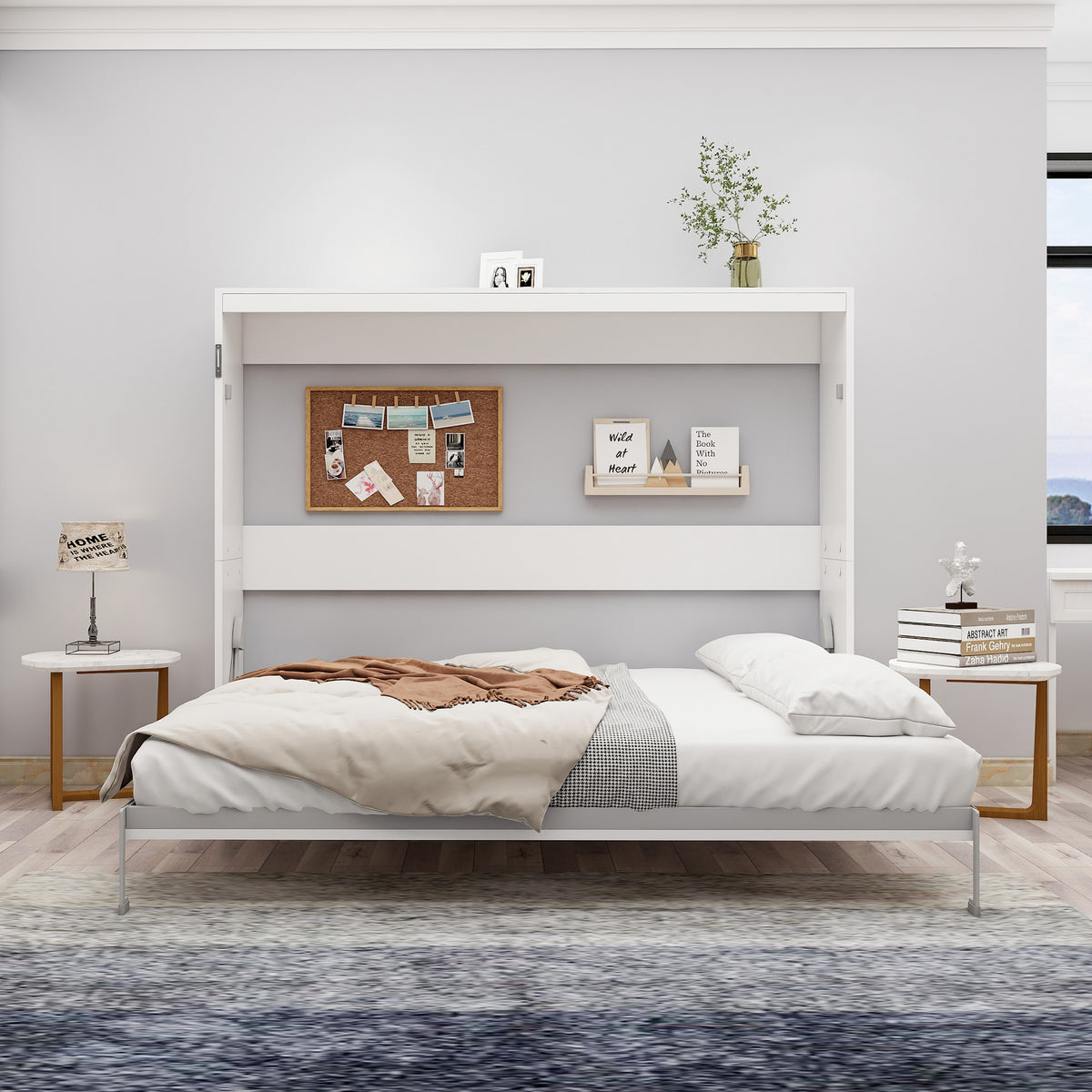 Queen Horizontal Murphy Bed with Folding Cabinet – White