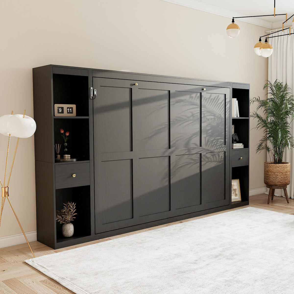 Queen Horizontal Murphy Bed with Storage Cabinets – Black